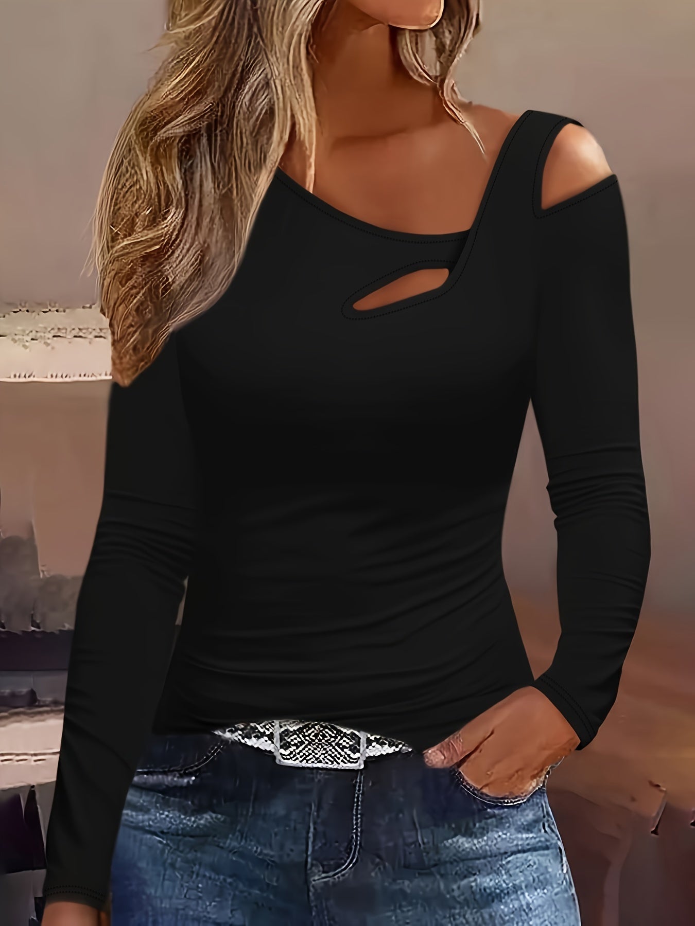 Cold Shoulder Cut Out Asymmetrical T-shirt, Chic Long Sleeve Top For Spring & Fall, Women's Clothing